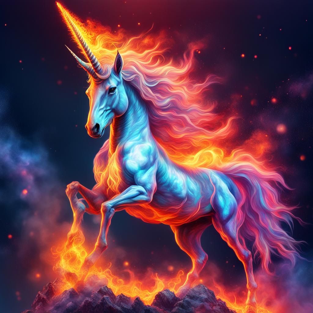 Fiery Cosmic Unicorn in Mixed Media Illustration