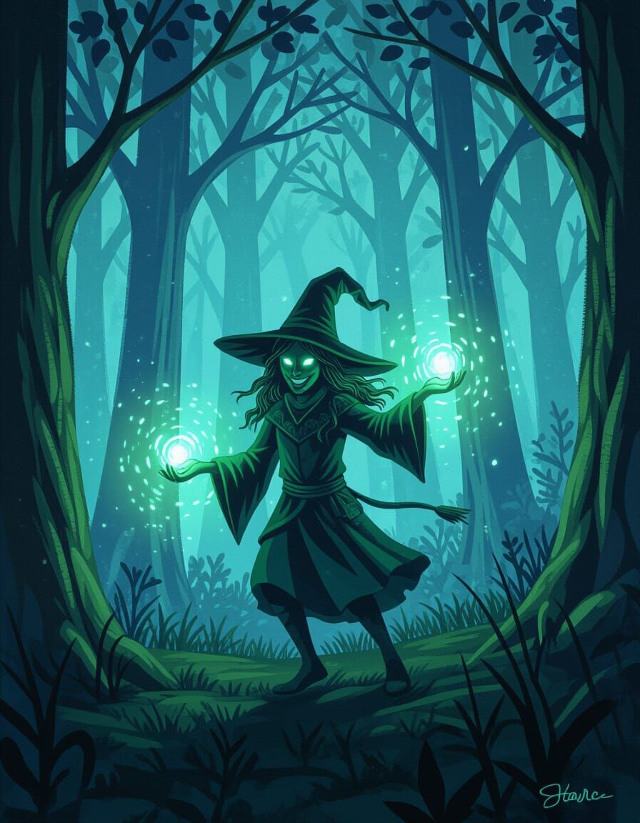 Bioluminescent Folklore Wisps in Dark Forest Painting