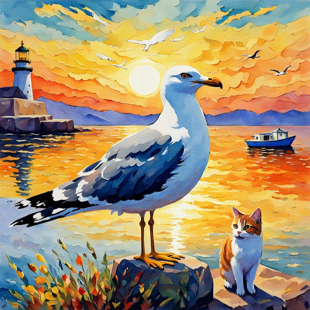 Seagull and Cat: Impressionist Gouache Watercolor Painting