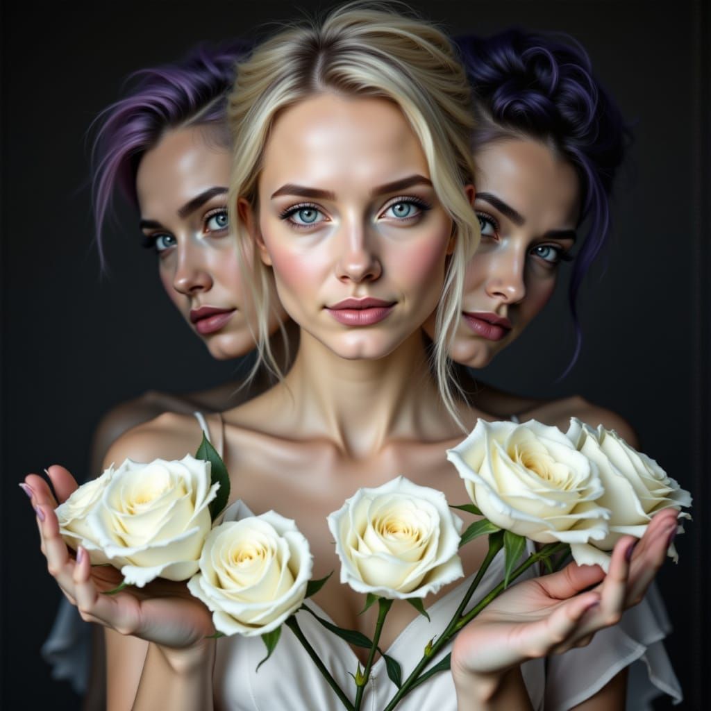 Charcoal Portrait of Woman Offering Roses, Double Exposure E...