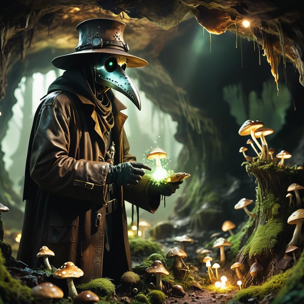 Post-Apocalyptic Plague Doctor and Glowing Mushrooms
