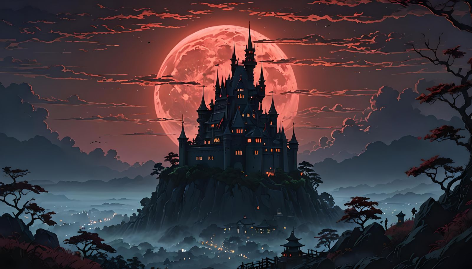 Dark Vampire Castle under Blood Moon, Anime Style