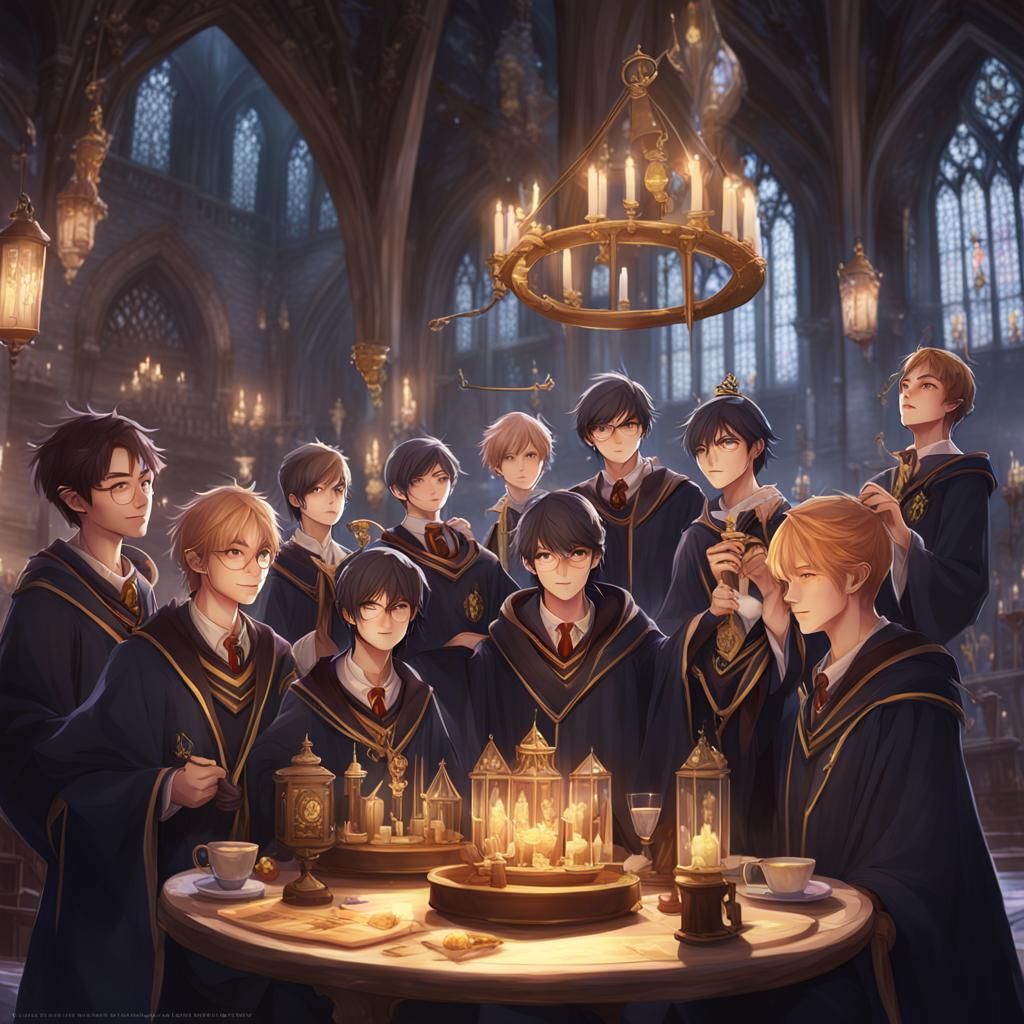 Hogwarts fraternity party By artist "anime," 3d anime art, inspired by WLOP, Artstation, #genshinimpact pixie, extremely...