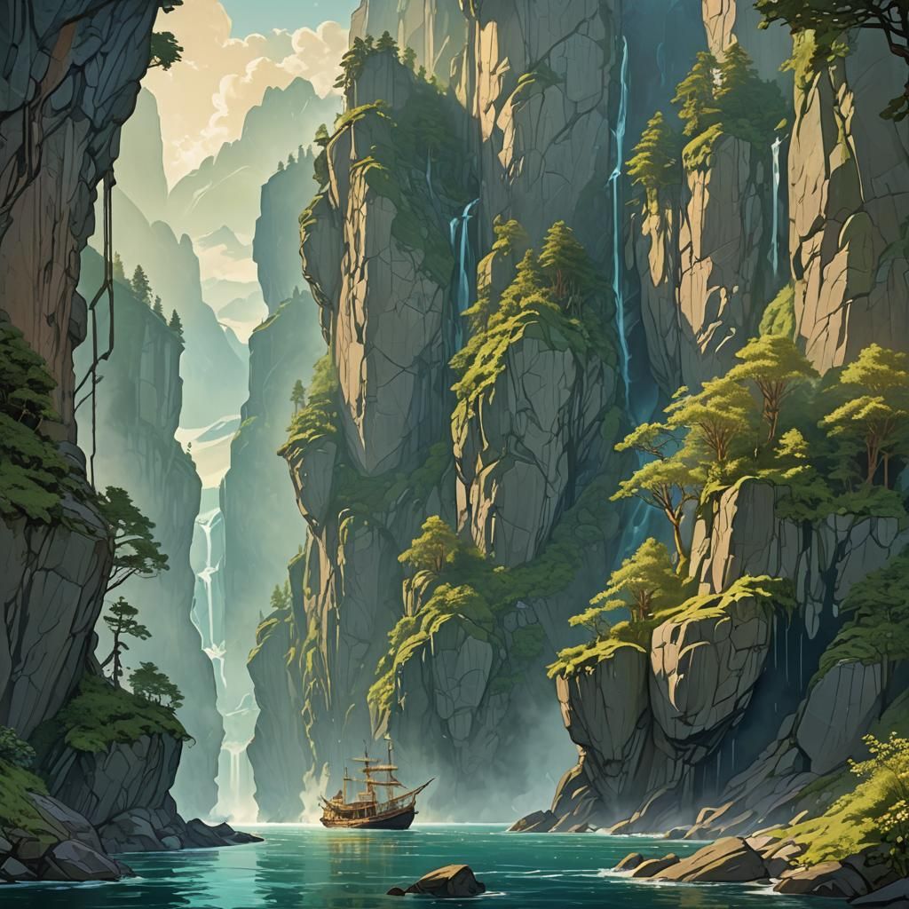 Surreal Fjord Landscape in Art Nouveau Style