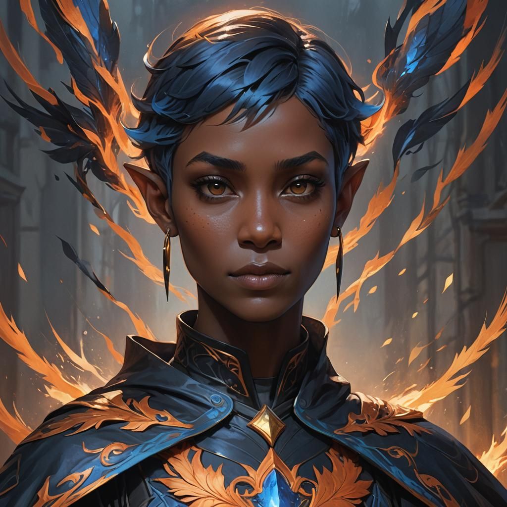 Black Elf Woman in Phoenix Cloak, Detailed Portrait