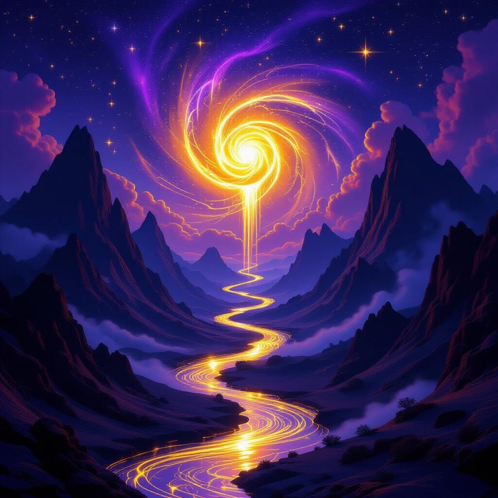 Surreal Fantasy Landscape with Golden Vortex River