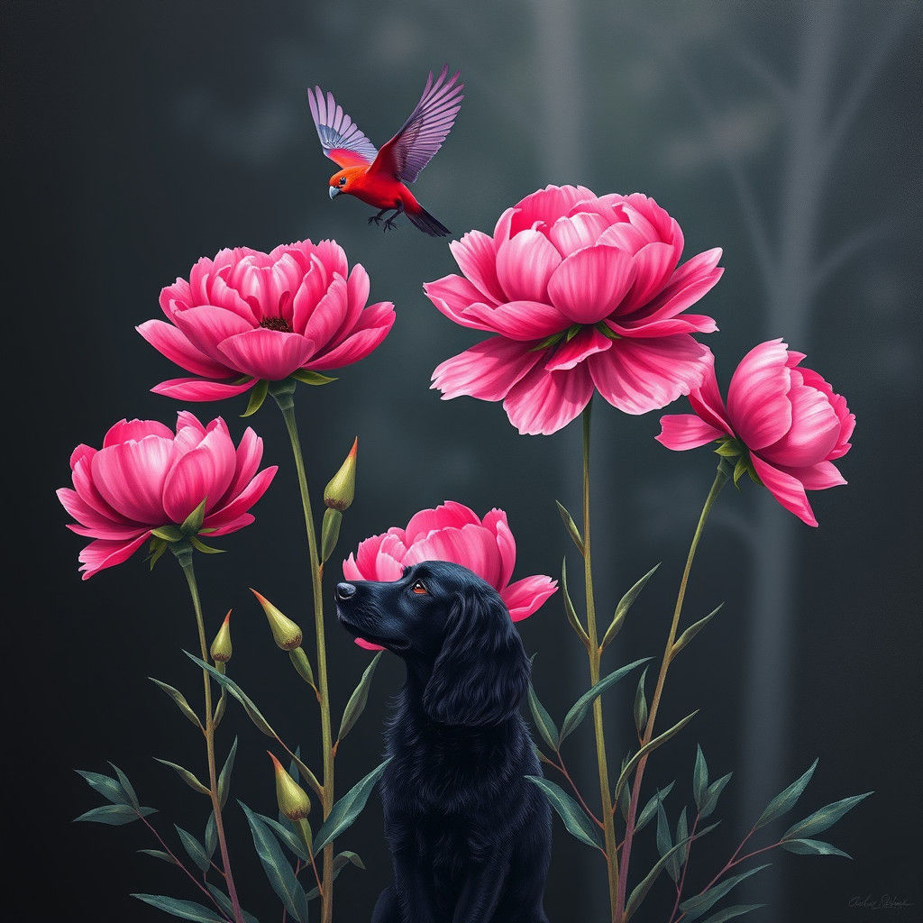 Magenta Peonies with Lorikeet in Klimt-Ebru Style