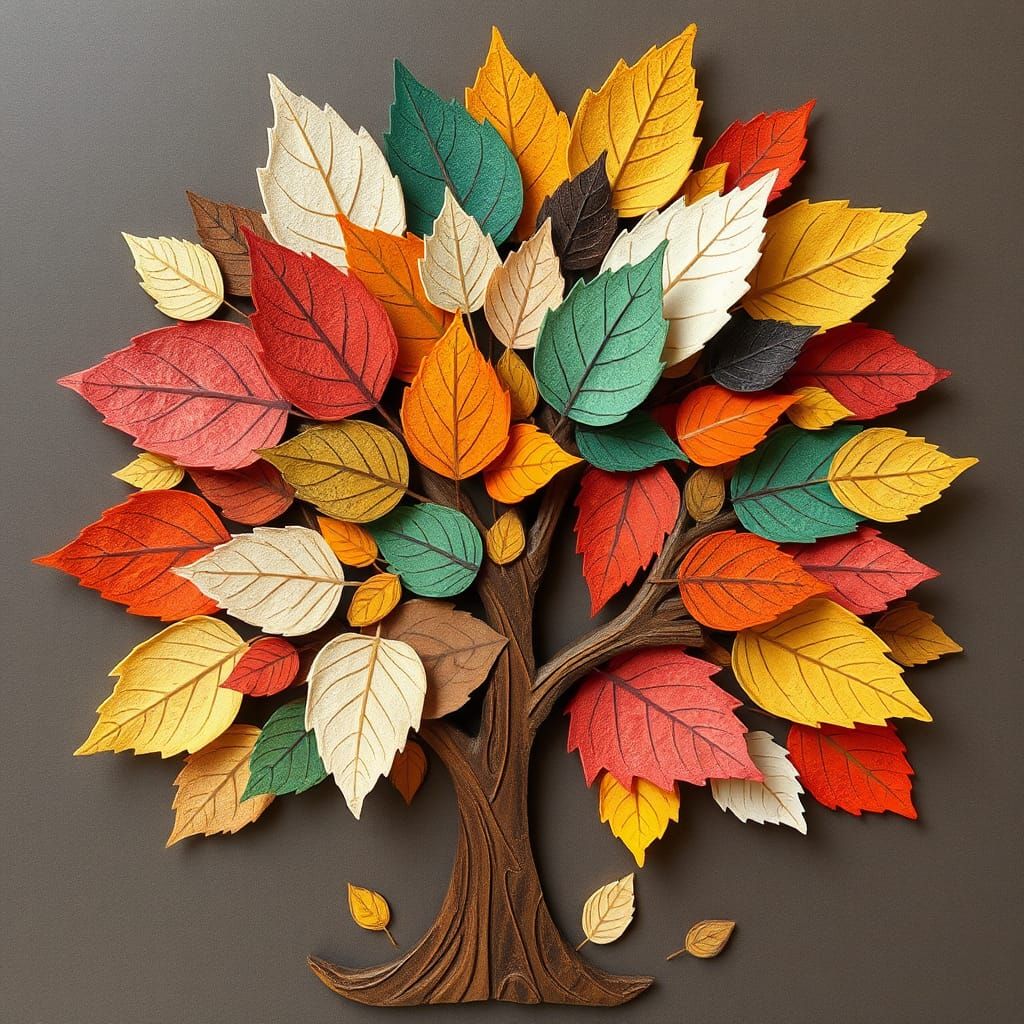 Whimsical Paper Autumn Tree in Folk-Art Style