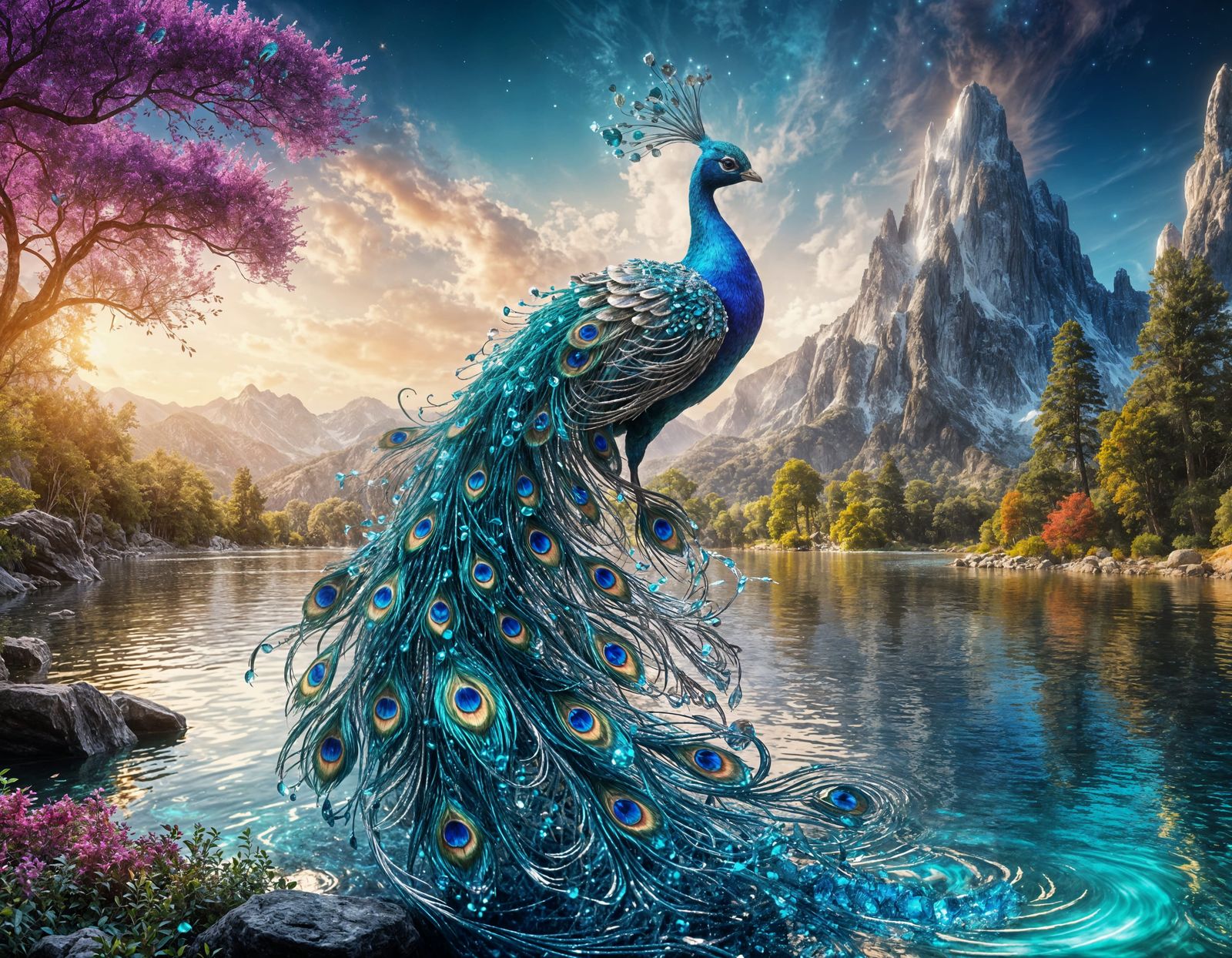 Majestic Peacock with Crystal Ribbons and Jewels