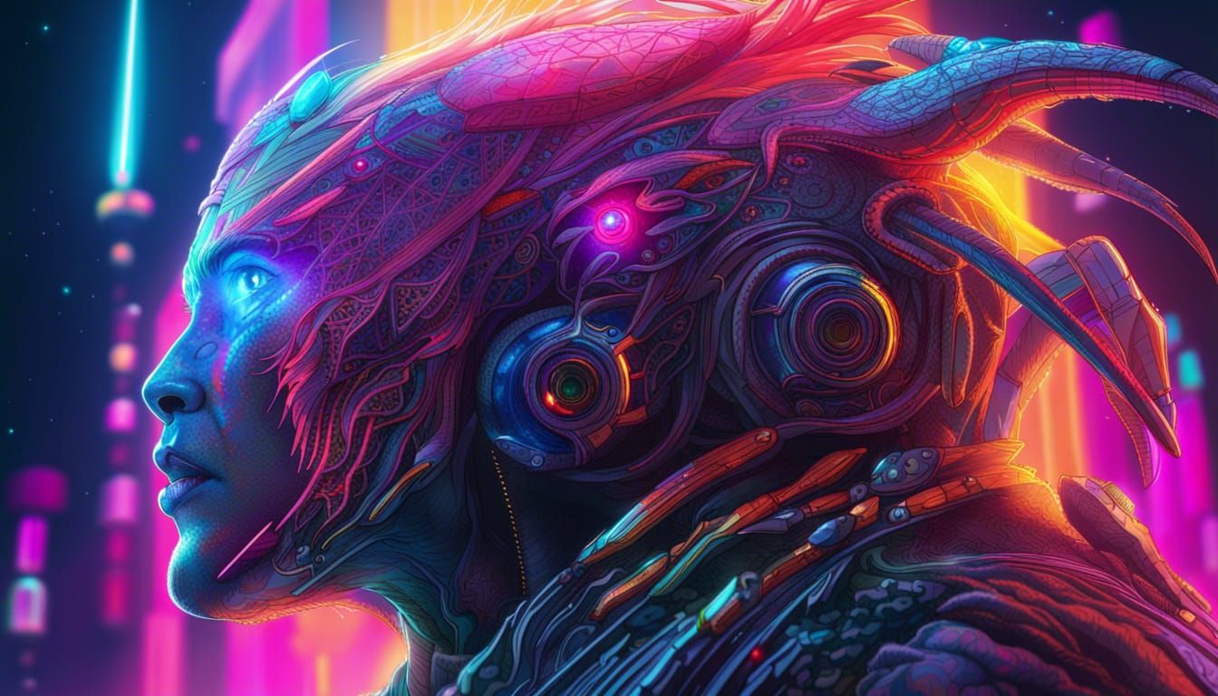 Cyberpunk Fantasy Monster in Holographic Astral Illustration
