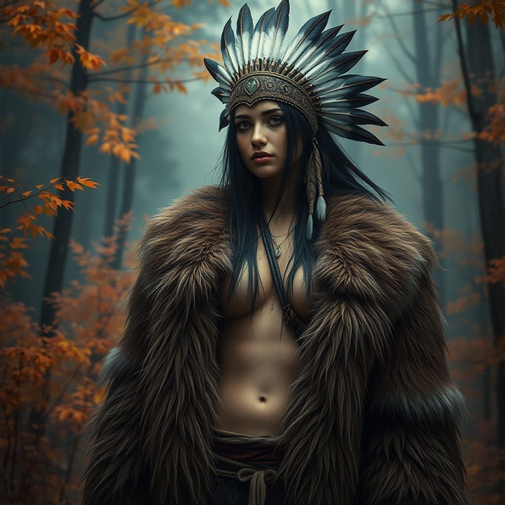 Seductive Huntress Amidst Autumnal Forest