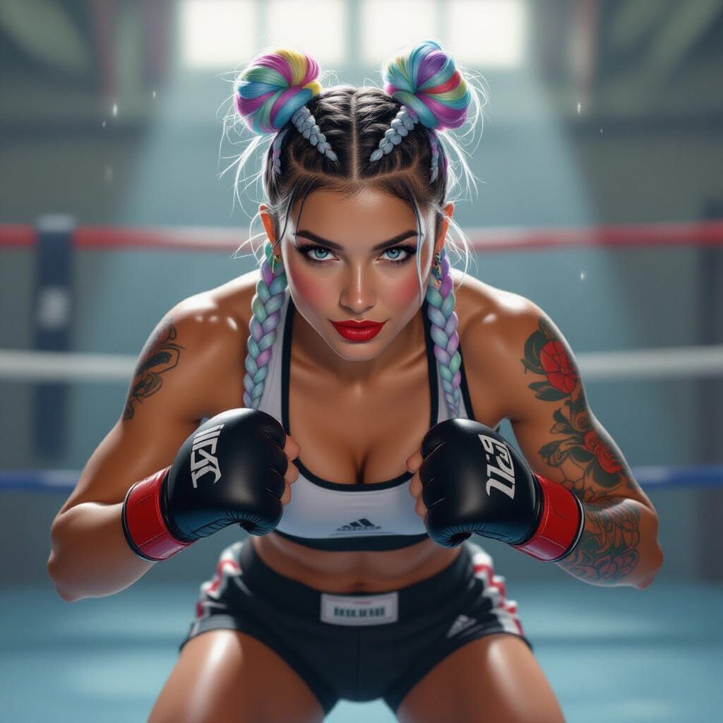 Female Boxer with Braids in Digital Oil Painting