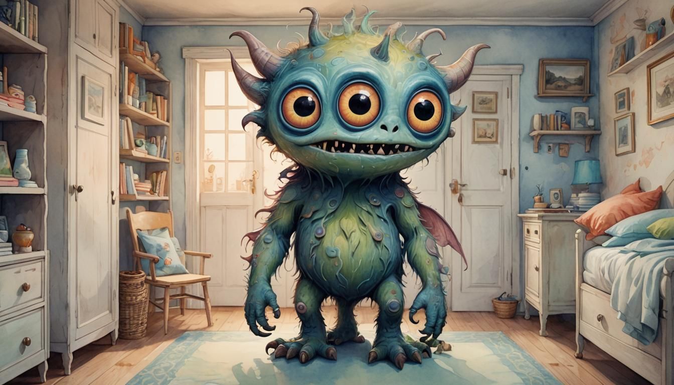 Creepy Cute Monster in Boy's Room, Watercolor Style