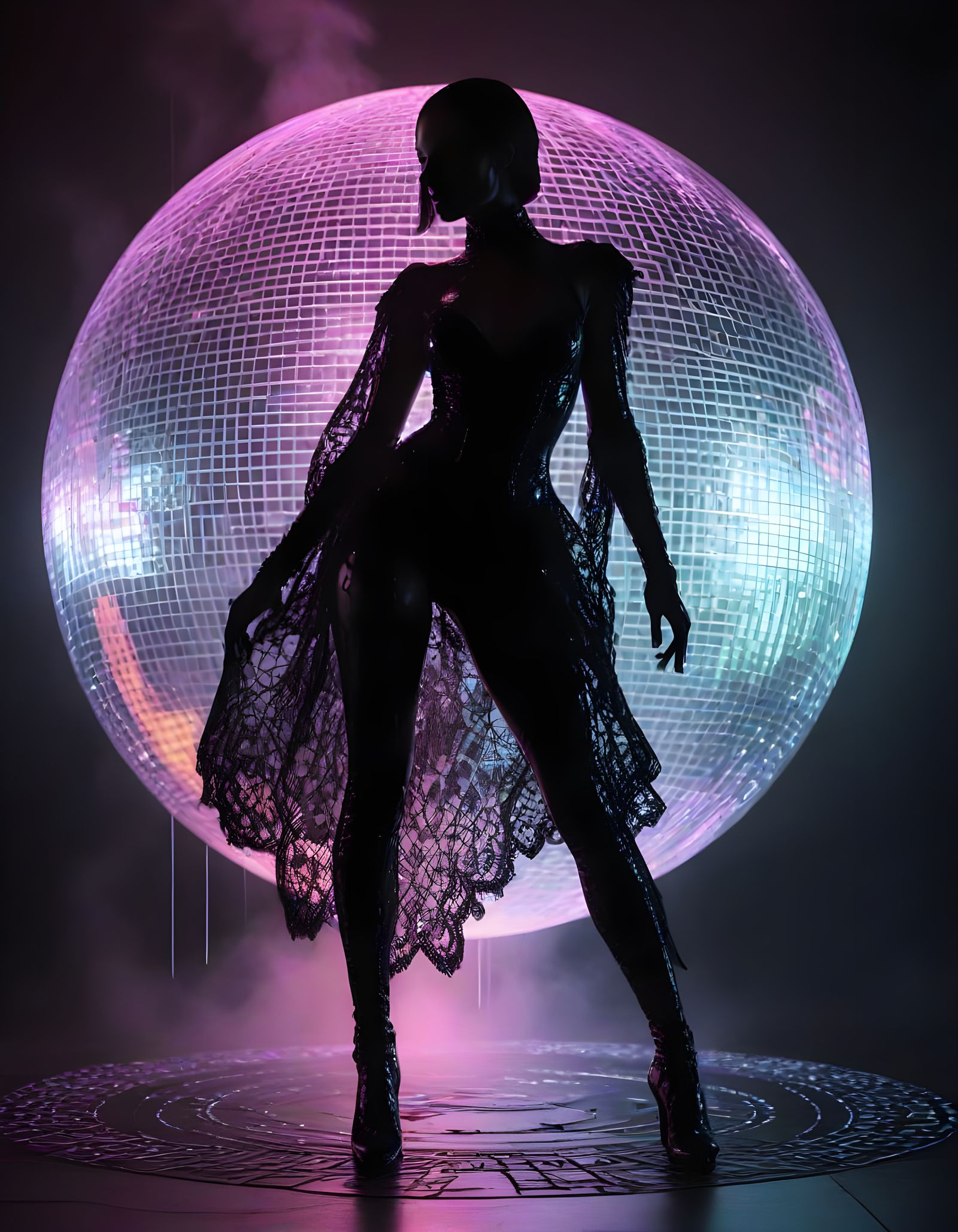 Gothic Futuristic Disco Scene with Neon Lights and Holograph...