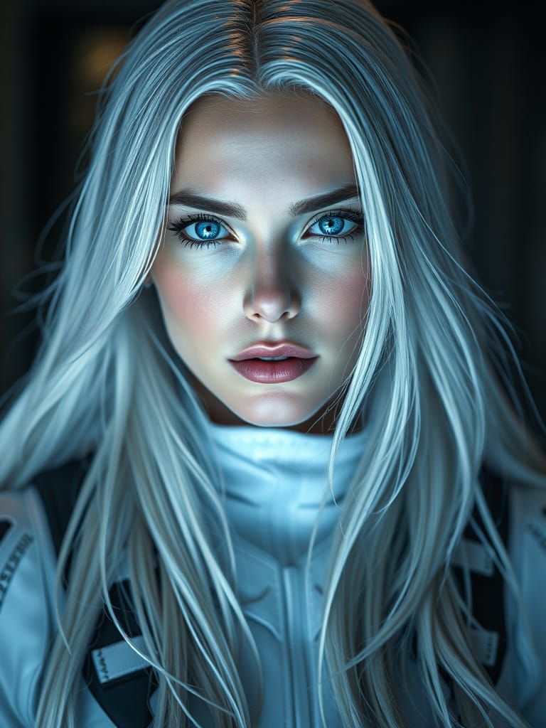 Stunning White-Haired Woman with Piercing Blue Eyes