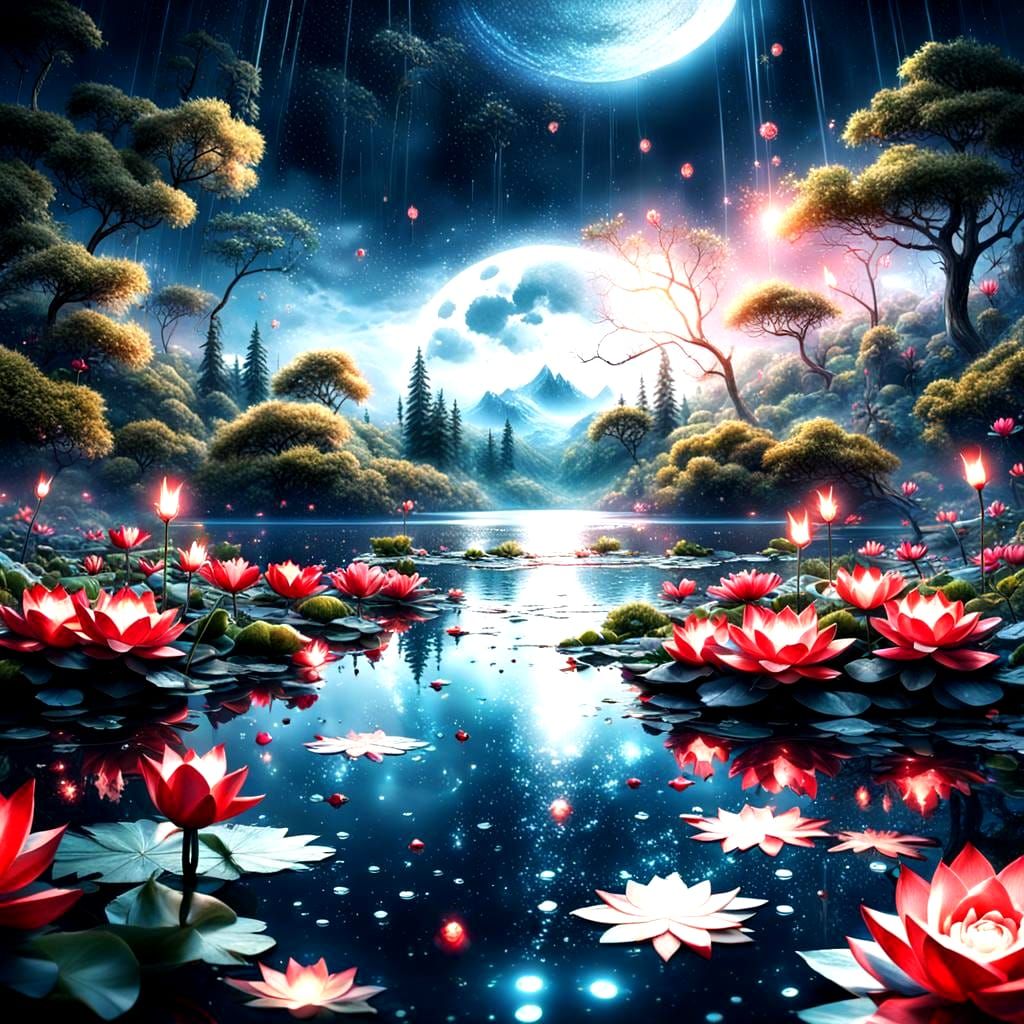 Stunning Lotus Lake with Moonlit Rain