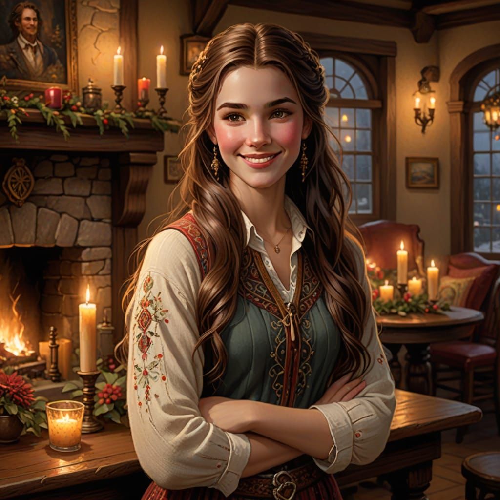 Warm Fantasy Portrait of a Smiling Bard in a Cozy Inn