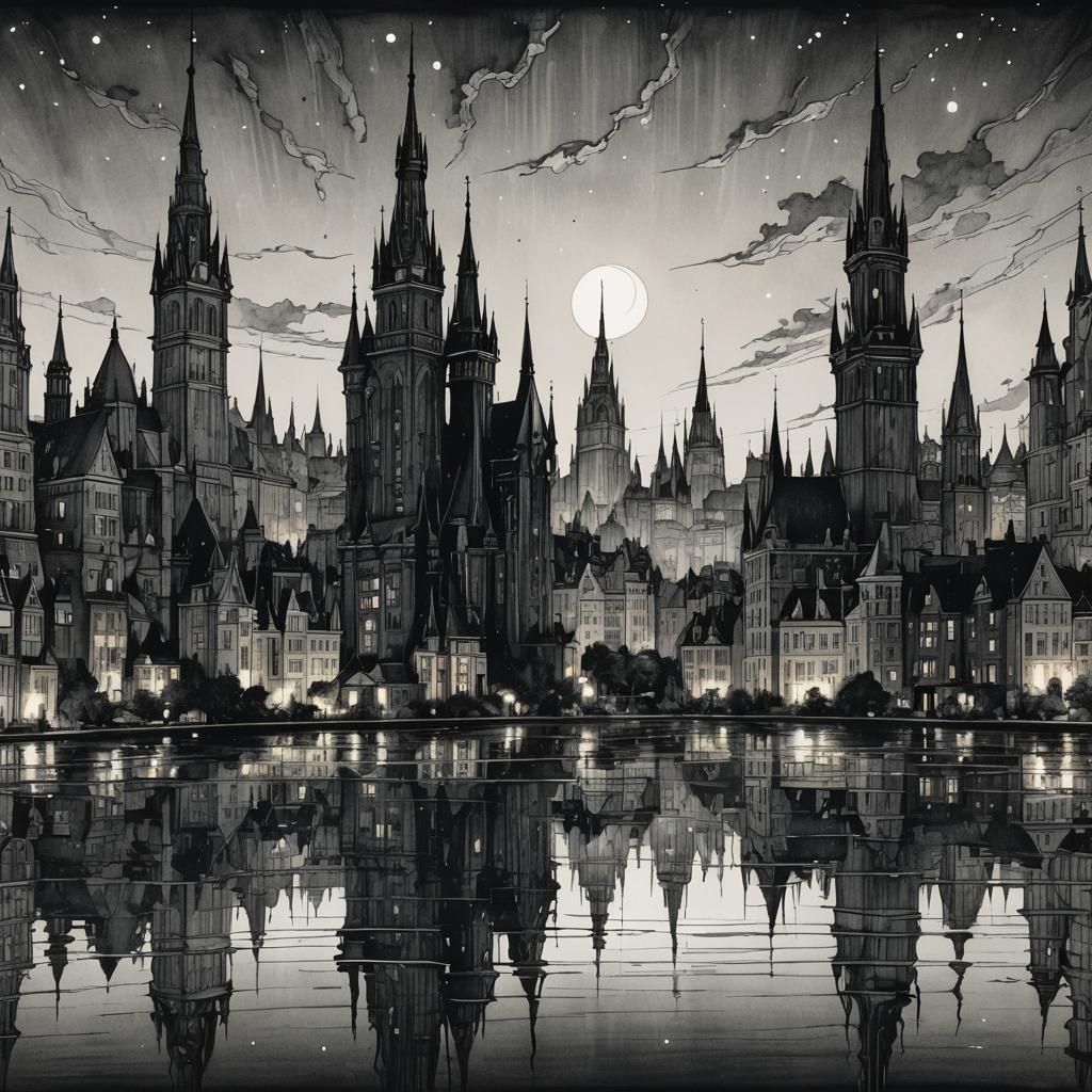 Noir Cityscape Reflected in Water: Pen and Ink Illustration