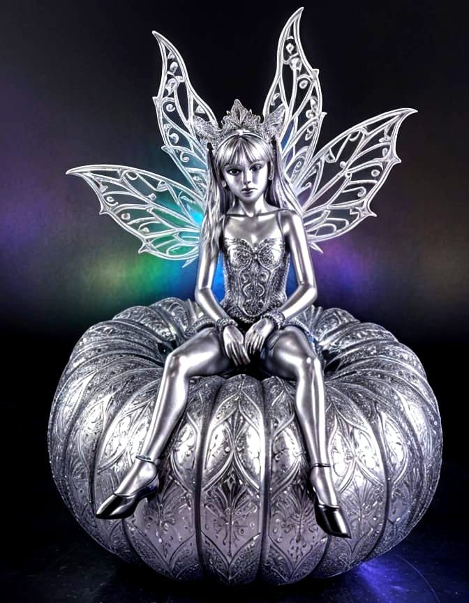 Silver Fairy on Intricate Pumpkin with Fractal Designs