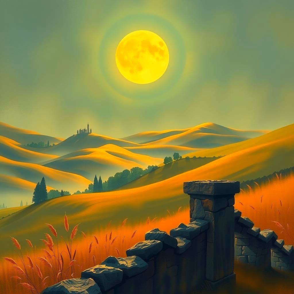 full moon over rolling hills