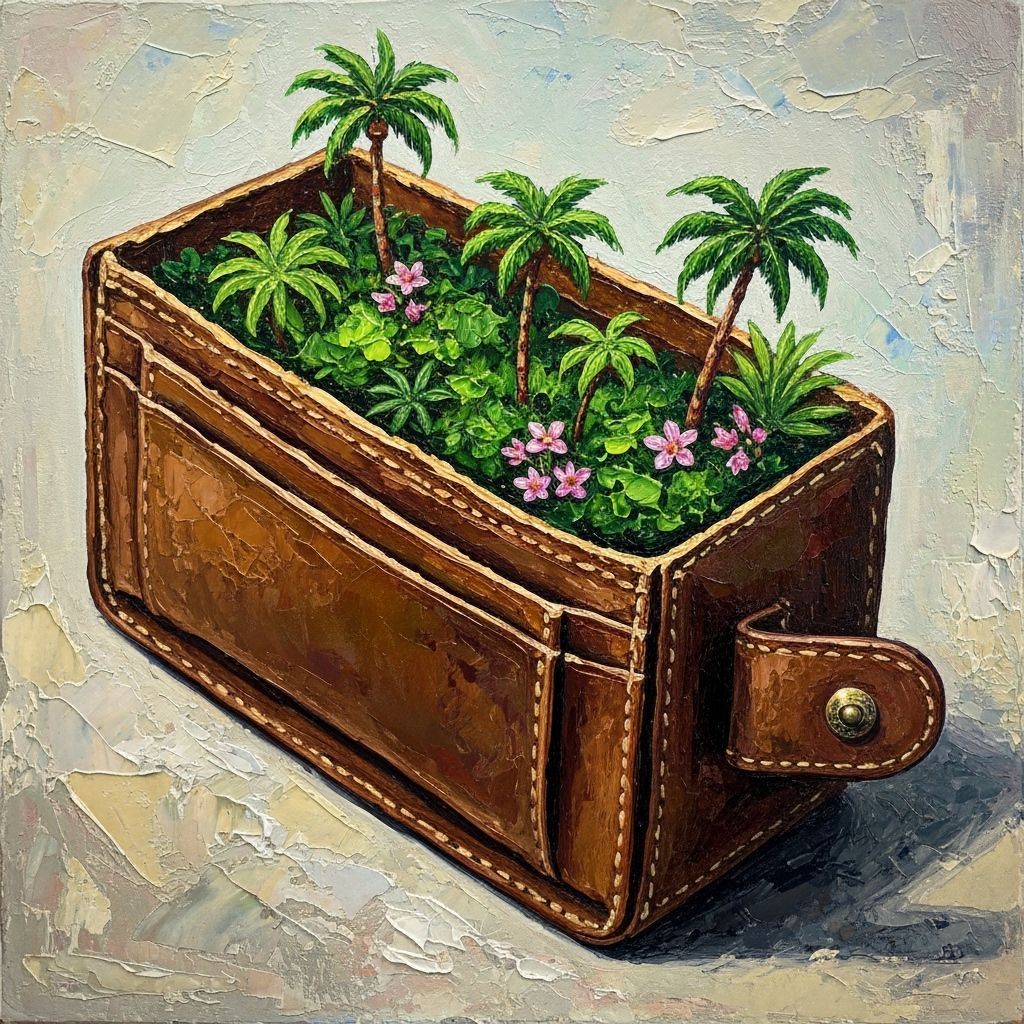 Miniature Jungle Bursting from Leather Wallet as Impasto Pai...