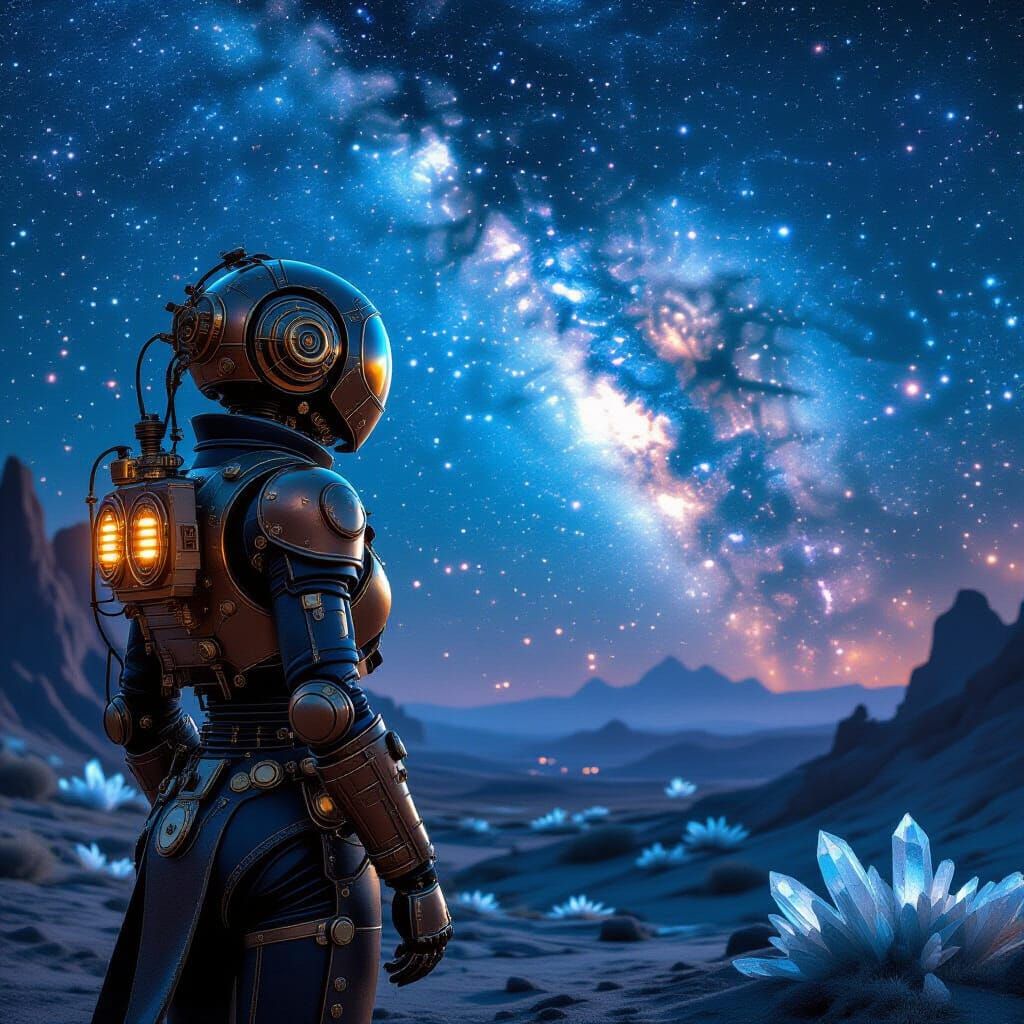 Steampunk Automaton Gazing at Nebula: Matte Painting