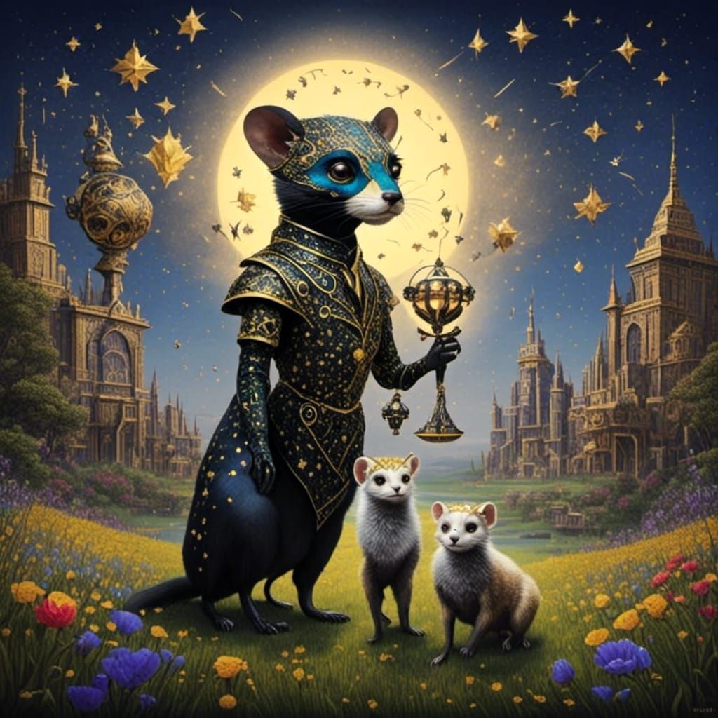 Ferret and Frog in Starry Meadow, Matte Painting