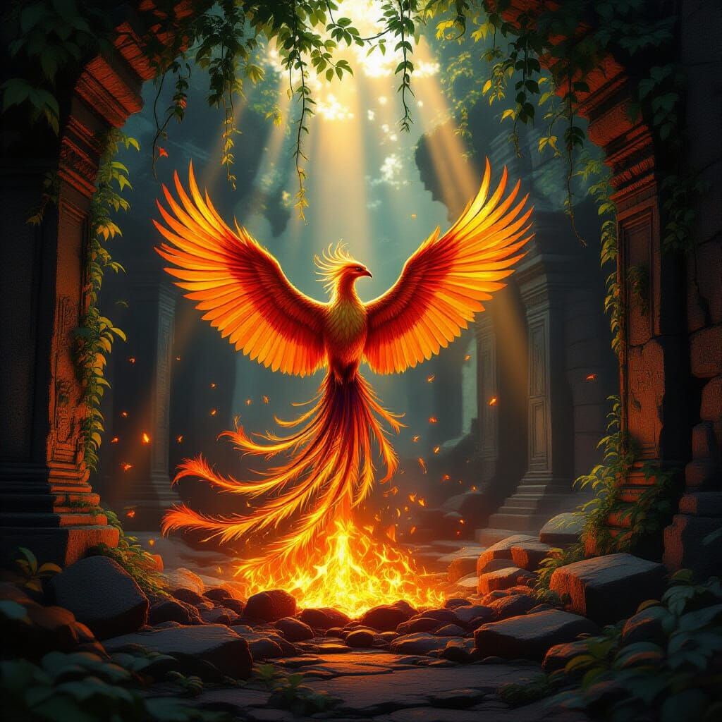 Majestic Phoenix Rises From Embers in Ancient Temple