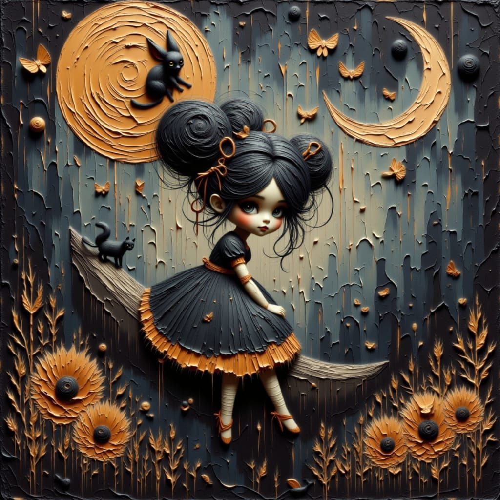 Moon Fairy with Cat and Golden Spatters