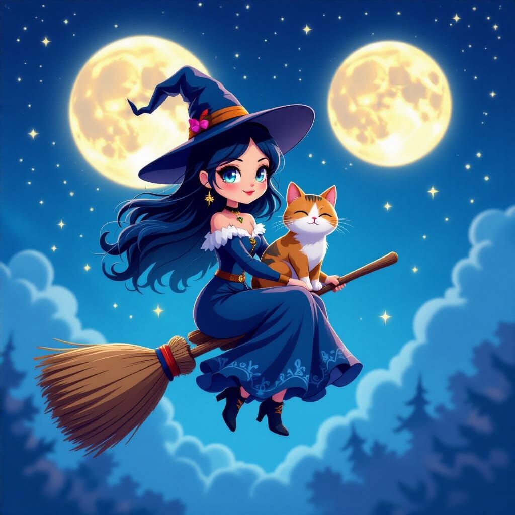 Witch Riding Broom with Cat Under Full Moon Sky