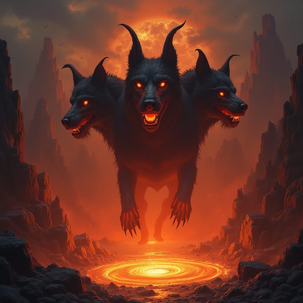 Three-Headed Cerberus Guards Fiery Pit of Hell in Epic Fanta...