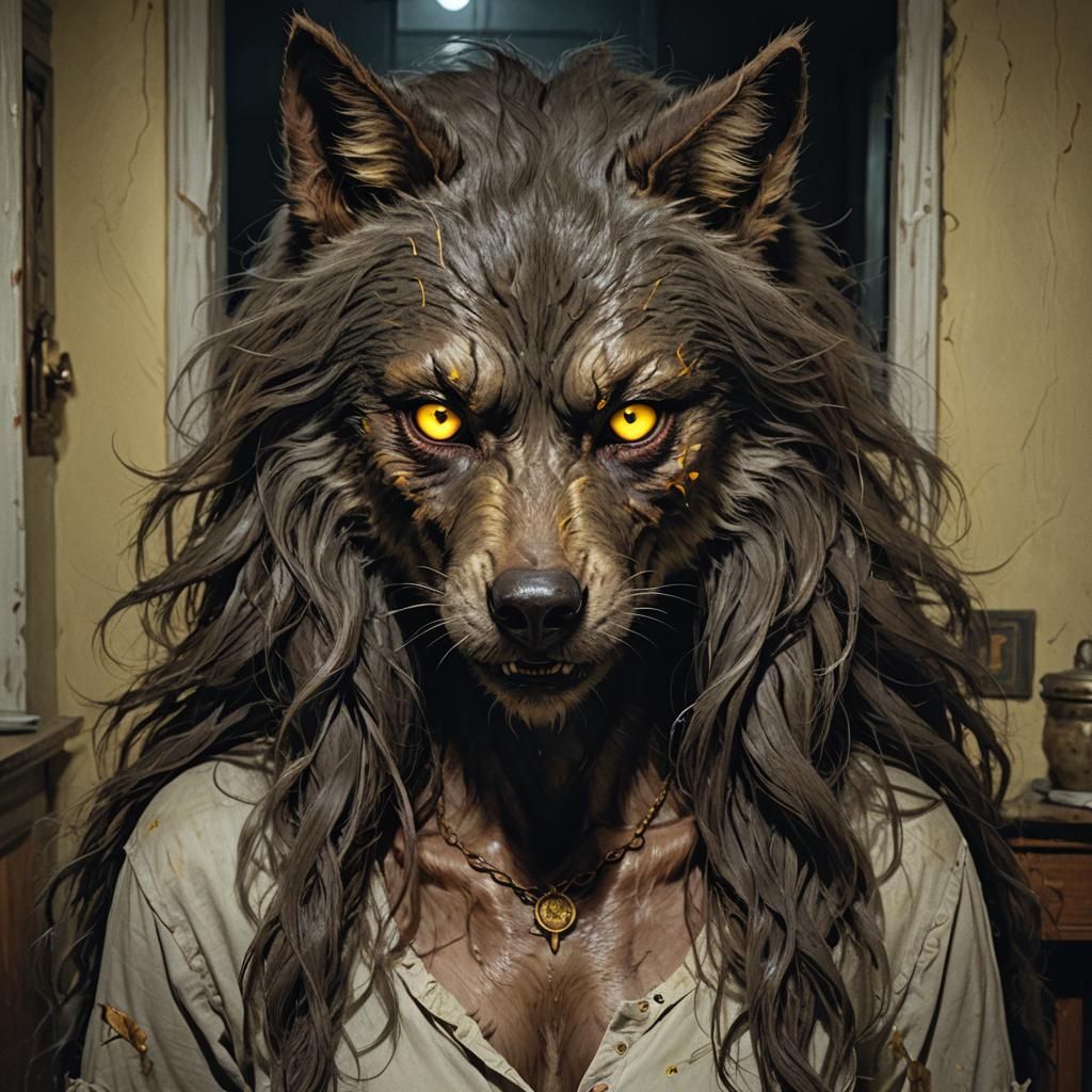Eerie Female Werewolf with Yellow Eyes