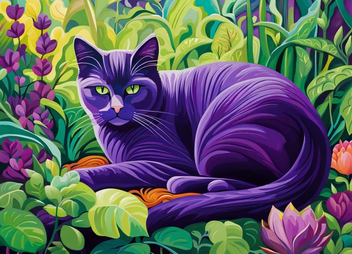Purple Cat in Lush Garden: Abstract Art