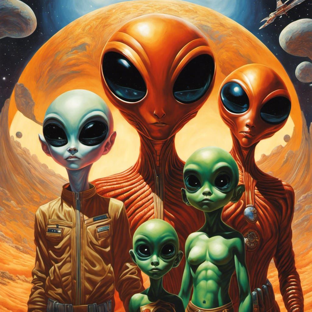 Happy Alien Family Portrait in Classical Style