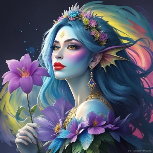 Rainbow Dragon Woman with Flower Crown