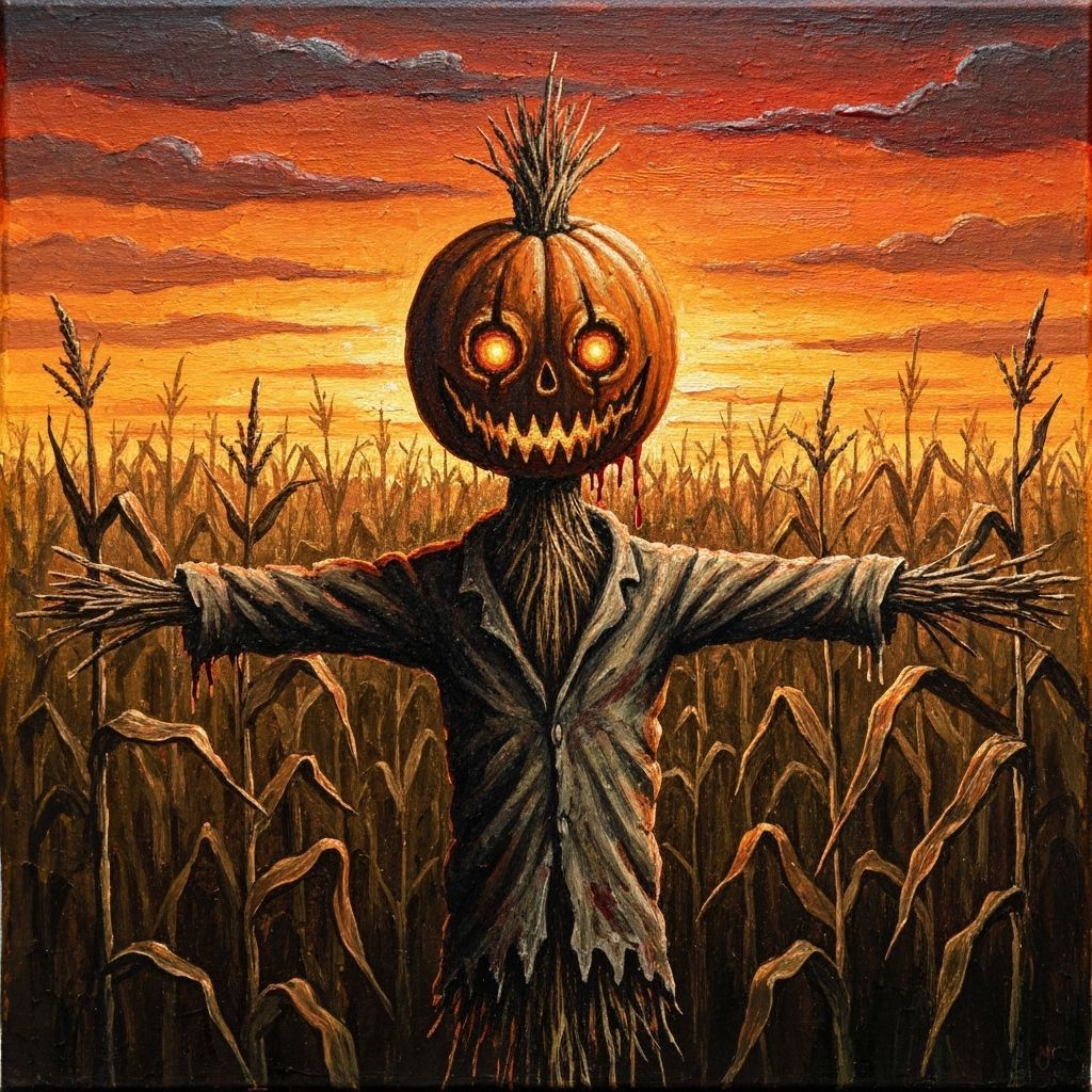 Nightmarish Scarecrow in Cornfield, Impasto Gouache Painting