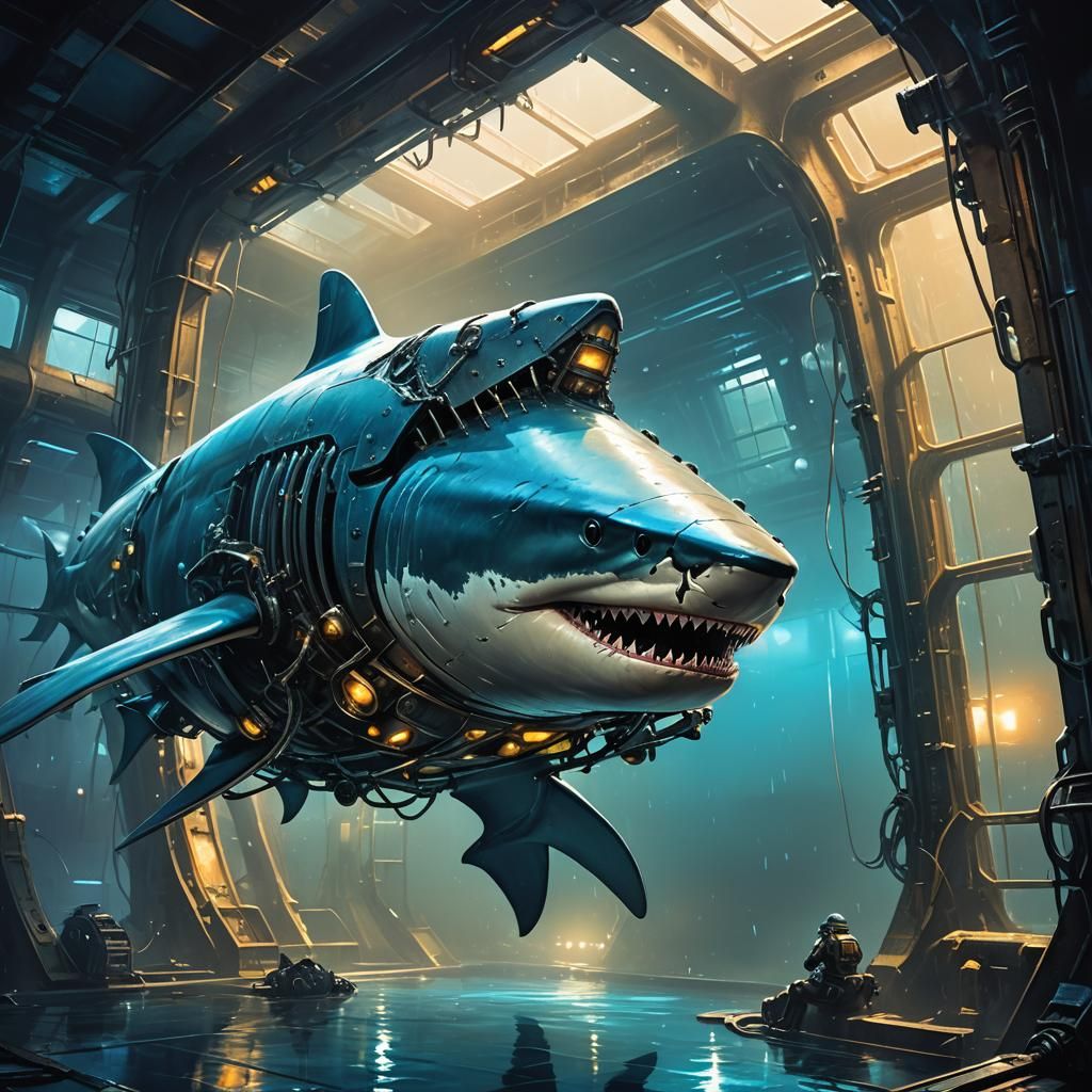 Menacing Military Shark in Steel Chamber: Sci-Fi Art