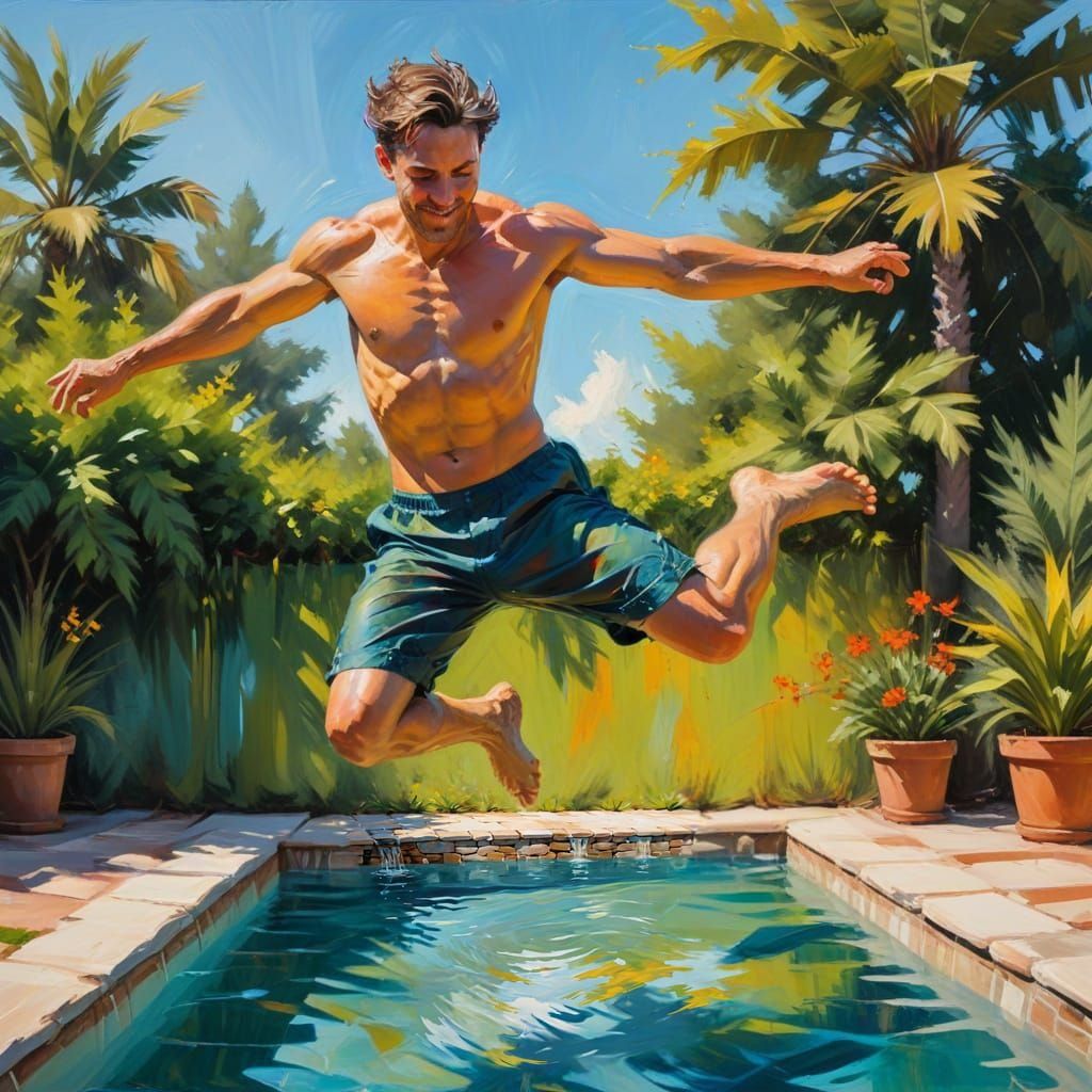 Serene Poolside Scene in Brushed Oil Style