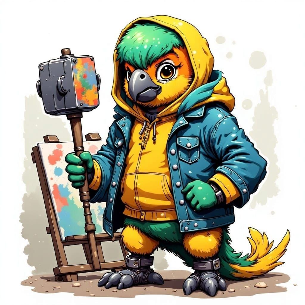 Anime Parrot Teenager with Hammer in Yellow Hoodie