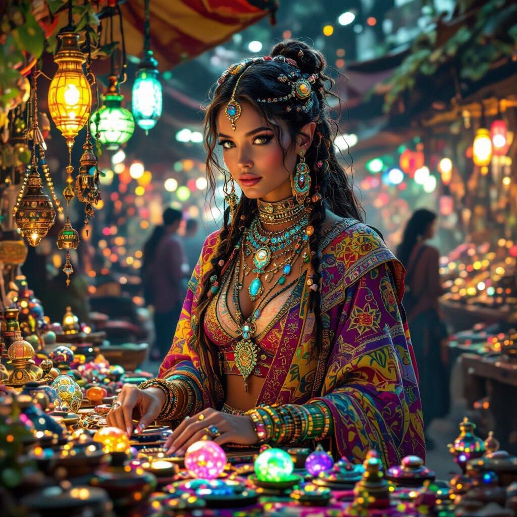 Alien Woman at Market in Hyperrealistic Matte Painting