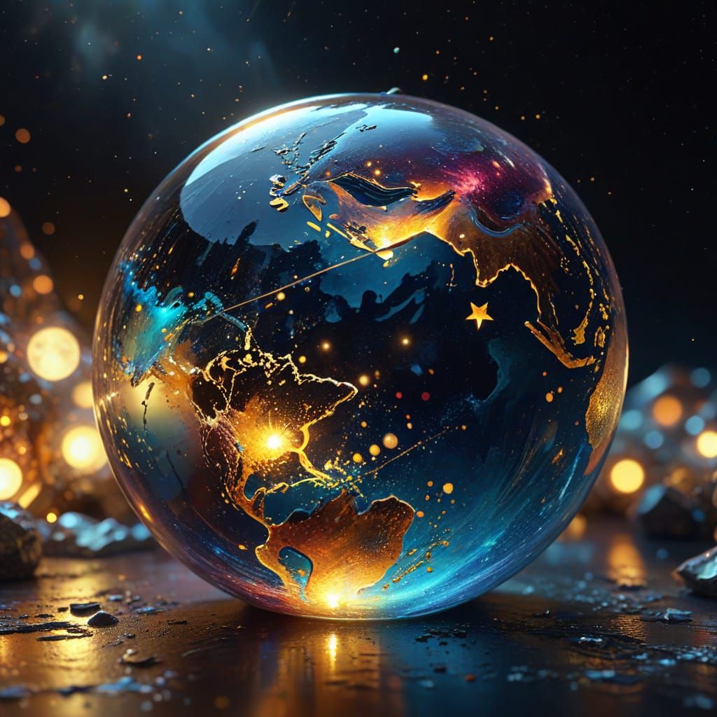 Surreal Glass Earth with Golden Lights