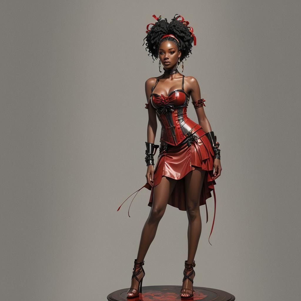 Young ebony, skinny, tall, red latex rufle skirt, wedge platform sandals, under the breast corset, full body photo,