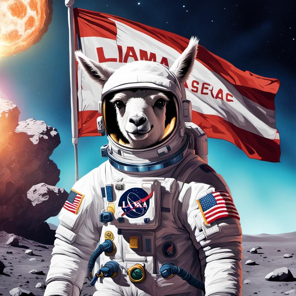 A Llama astronaut in a spacesuit on the moon, with a flag th...