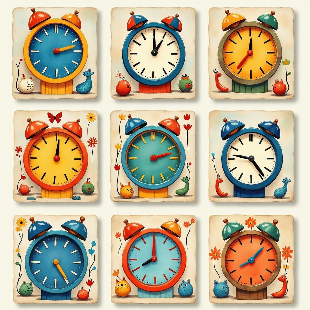 Time-Telling Flashcards in Watercolor Collage Style