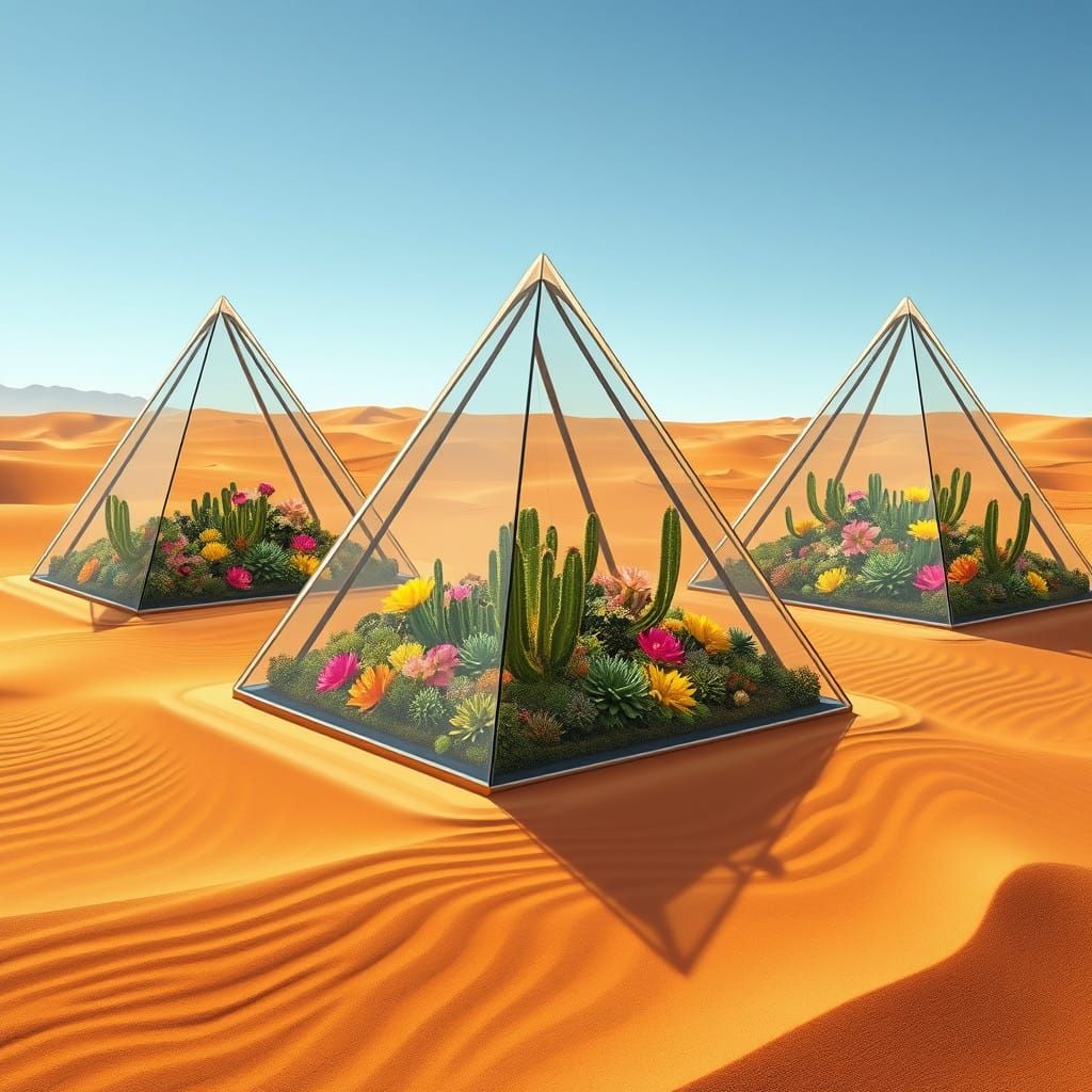 Sleek Futuristic Glass Pyramids Amidst Endless Desert Dunes