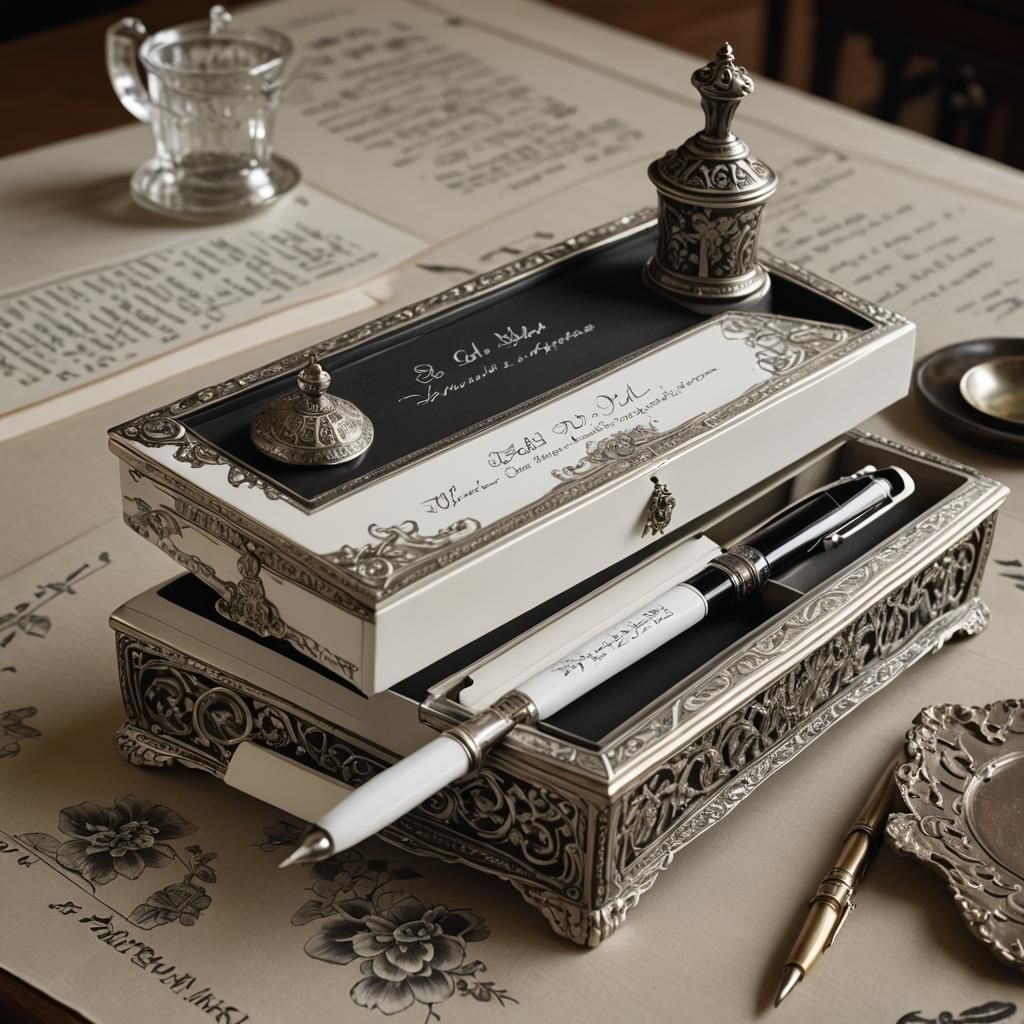 Sleek Silver Pen and White Box on Antique Desk