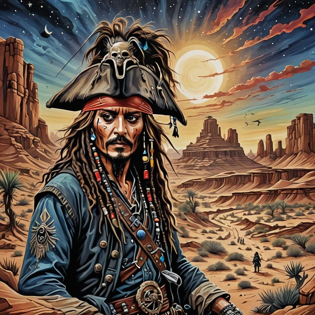 Johnny Depp as Captain Jack Sparrow Surreal Desert Cubism Hyperdetailed dreamcore galactic gouache Dan Mumford Tim Burto...