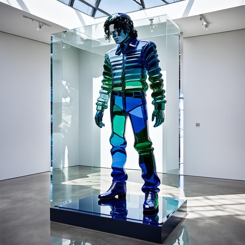 Glass Sculpture of Michael Jackson in Modern Art Gallery