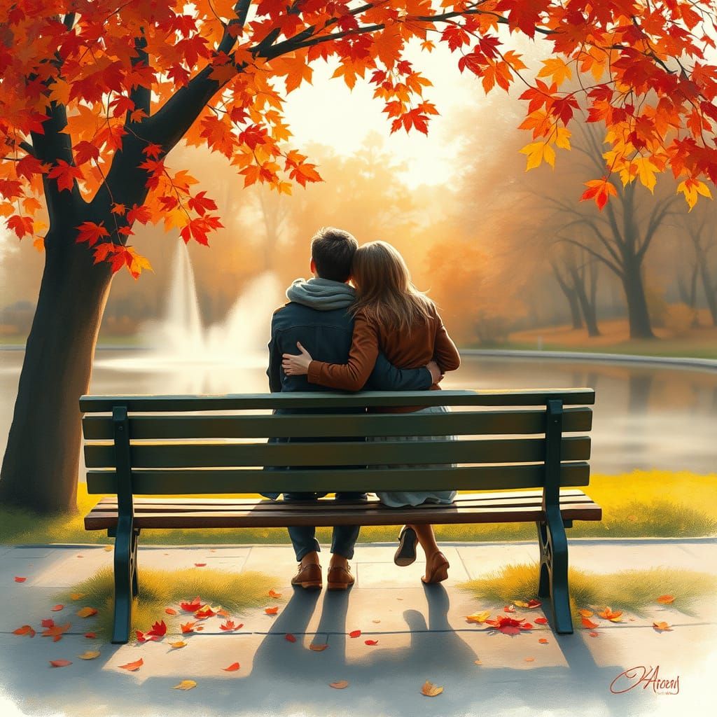 Romantic Autumn Embrace as Impressionist Pastel Art