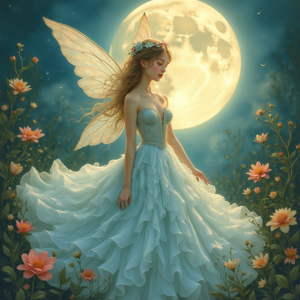 Ethereal Flower Fairy in Delicate Gown Under Full Moon